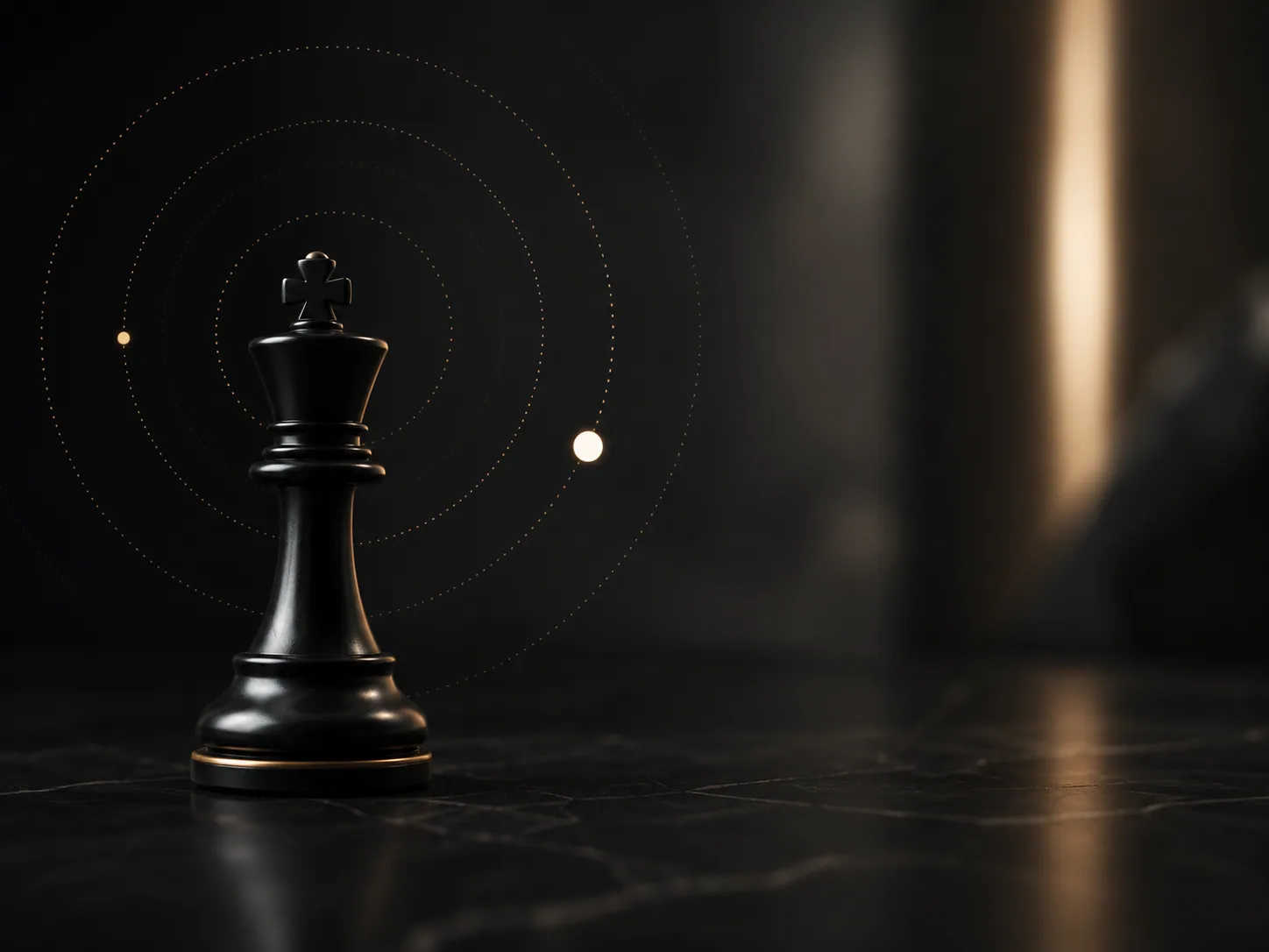 A single black chess king on marble, encircled by faint concentric rings