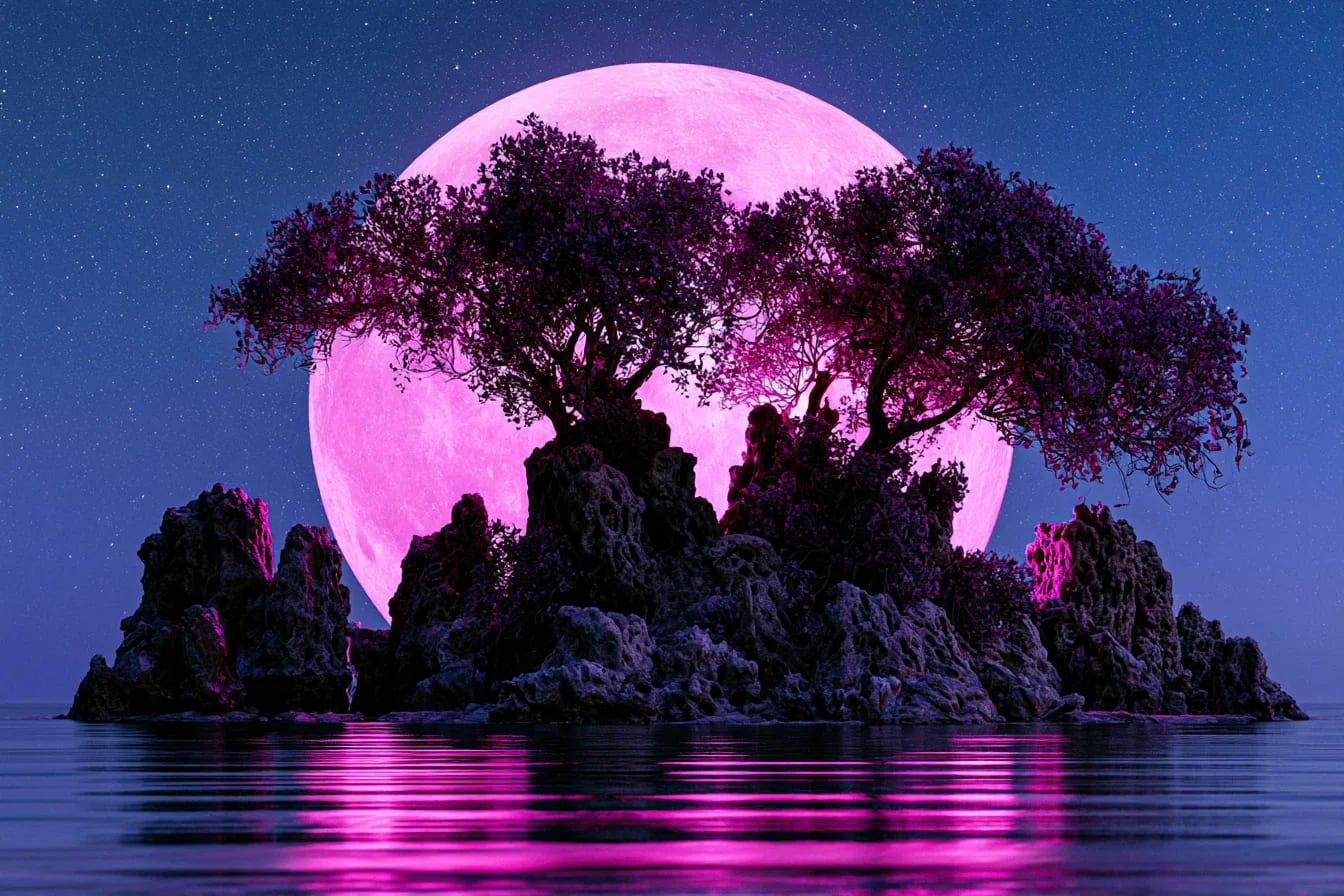 A surreal island tree glowing beneath a vast rose-lit moon