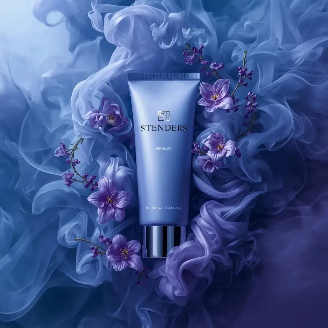 A premium product cradled in soft blue smoke and blossoms